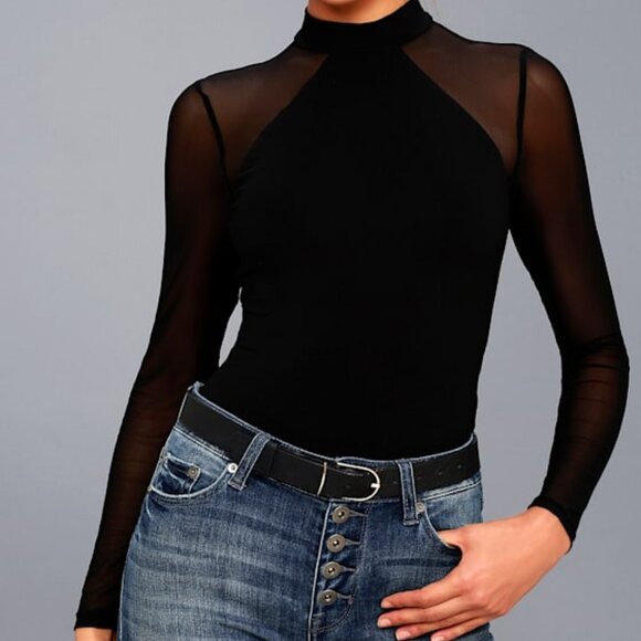 Lulus Entrancing Black Mesh Long Sleeve Bodysuit - Size Medium - Picture 1 of 9